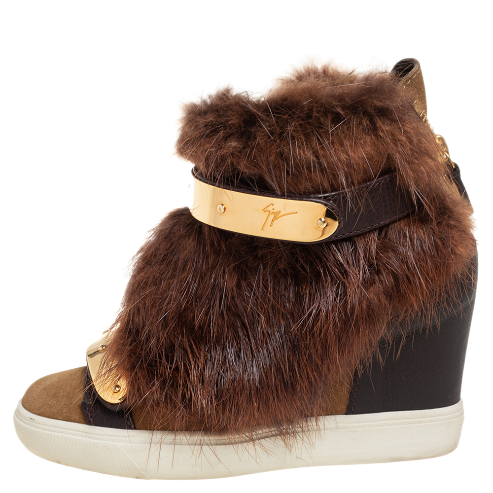 

Giuseppe Zanotti Brown/Beige Leather And Beaver Fur Lorenz High Top Wedge Sneakers Size