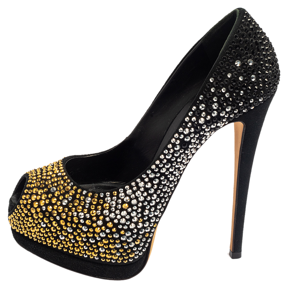 

Giuseppe Zanotti Black Suede Crystal Embellished Liza Peep Toe Platform Pumps Size