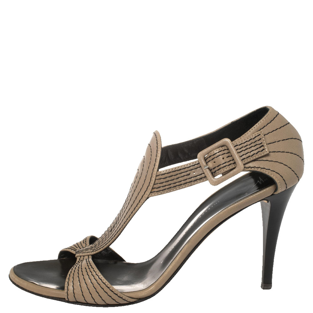 

Giuseppe Zanotti Grey Leather Stitch Detail Ankle Strap Sandals Size