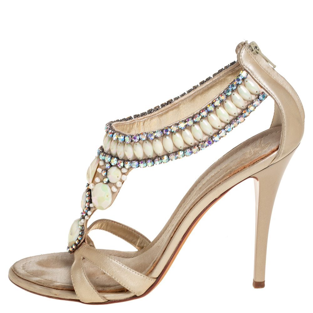 

Giuseppe Zanotti Metallic Beige Leather Beaded Embellished Open Toe Sandals Size