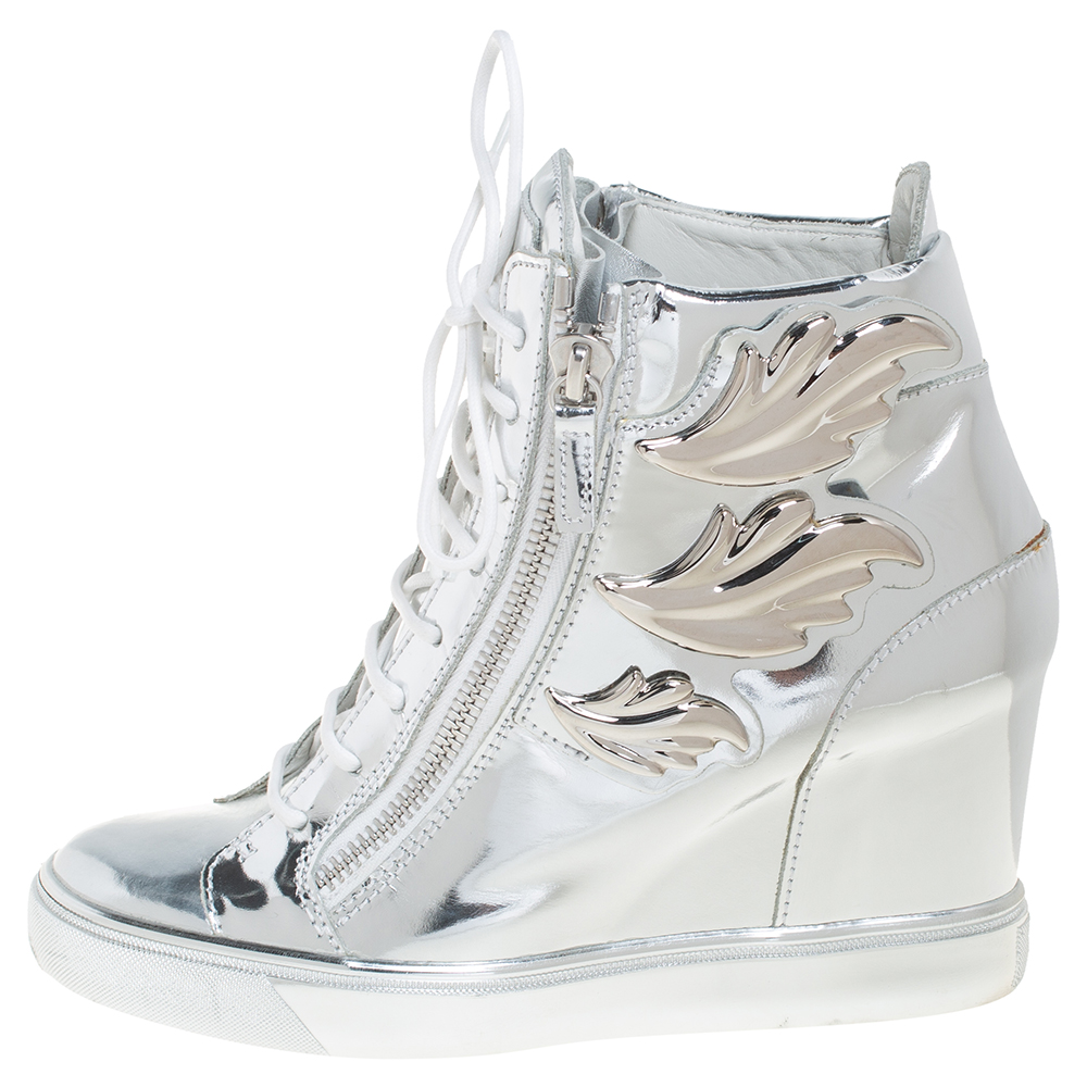 

Giuseppe Zanotti Metallic Silver Leather Wings Double Zip Wedge Sneakers Size