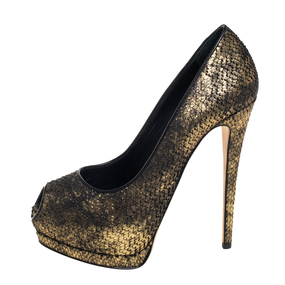 

Giuseppe Zanotti Gold/Black Python Embossed Leather Peep Toe Platform Pumps Size