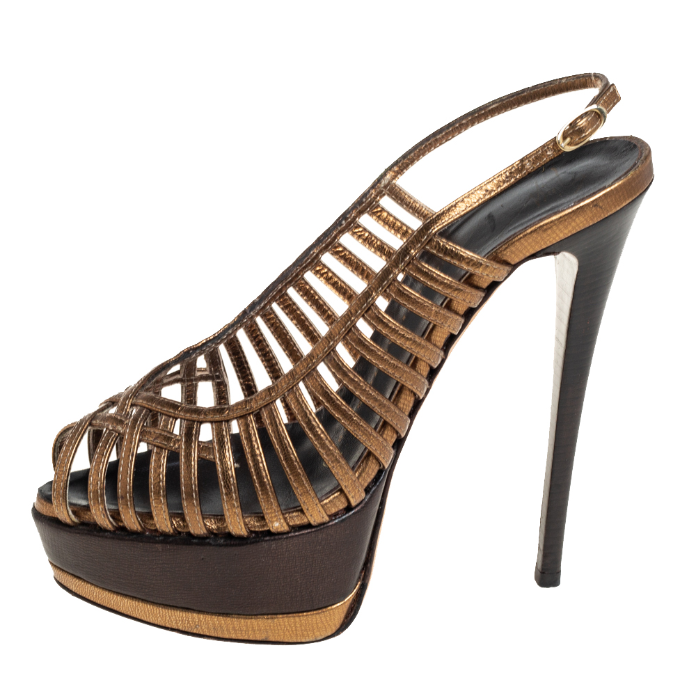 

Giuseppe Zanotti Metallic Bronze Leather Strappy Peep Toe Platform Slingback Sandals Size