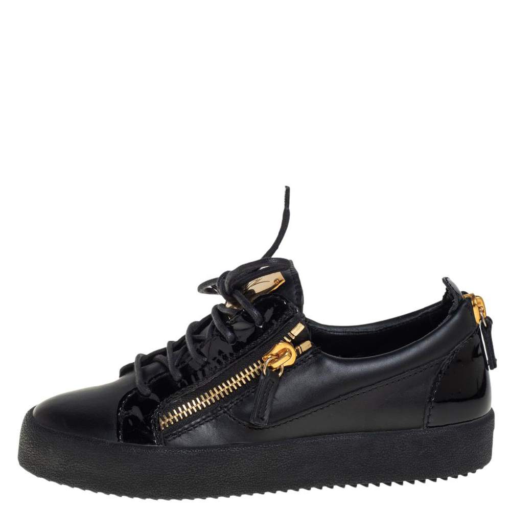 

Giuseppe Zanotti Black Leather And Patent Leather Double Zipper May London Low Top Sneakers Size