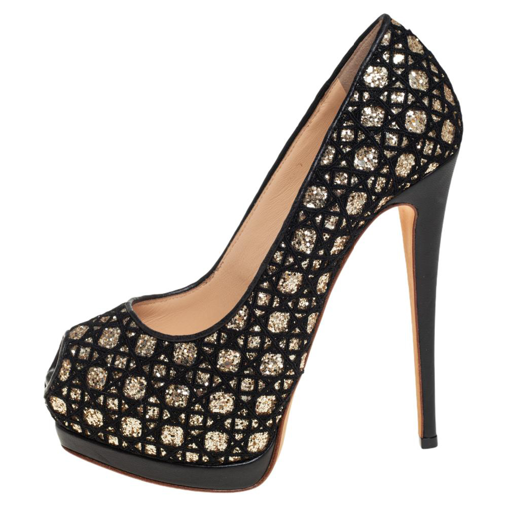 

Giuseppe Zanotti Black Leather And Glitter Peep Toe Pumps Size