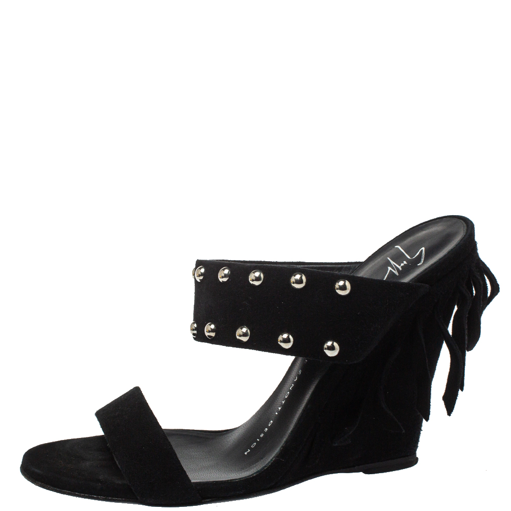 

Gluseppe Zanotti Black Suede Fringe Wedge Sandals Size