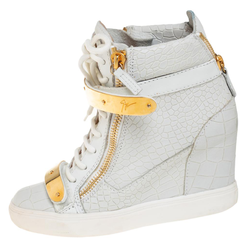 

Giuseppe Zanotti White Croc Embossed Leather High Top Wedge Sneakers Size
