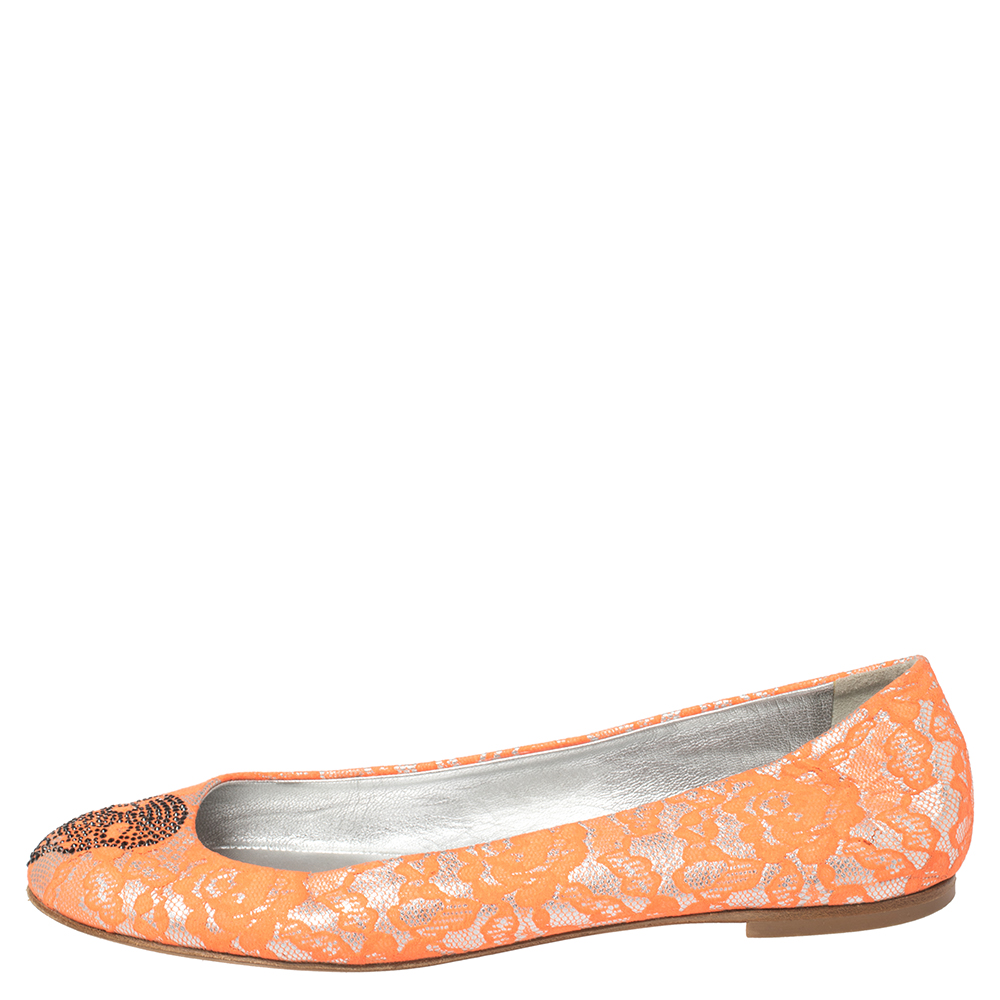 

Giuseppe Zanotti Silver/Orange Lace Crystal Skull Ballet Flats Size