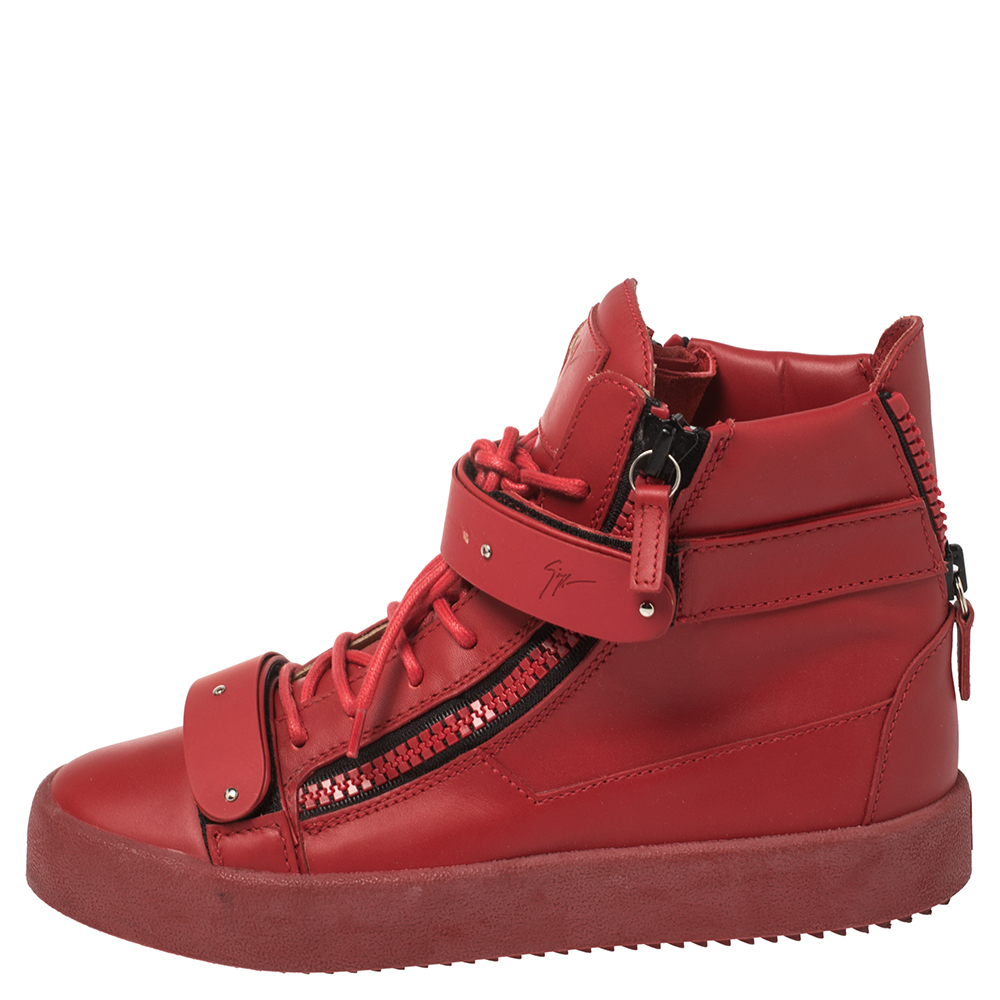 

Giuseppe Zanotti Red Leather Coby High Top Sneakers Size