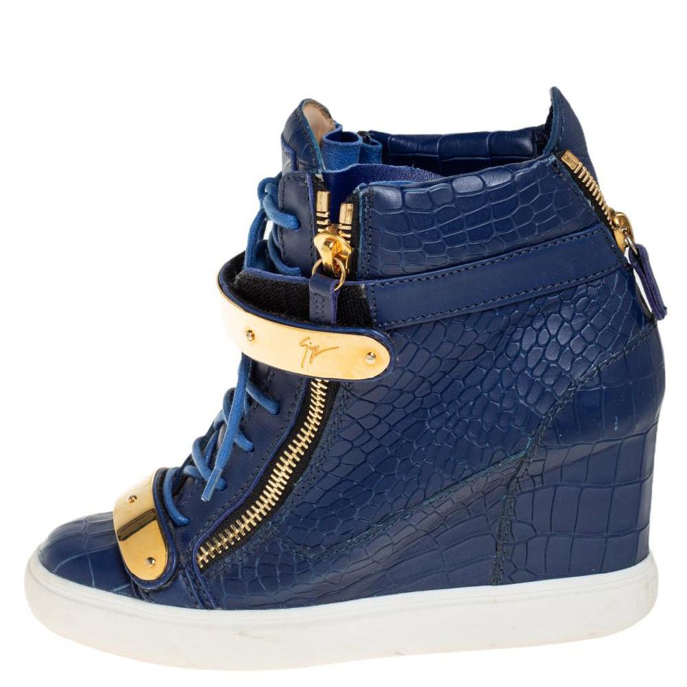 

Giuseppe Zanotti Blue Croc Embossed Leather Lorenz Wedge High Top Sneakers Size