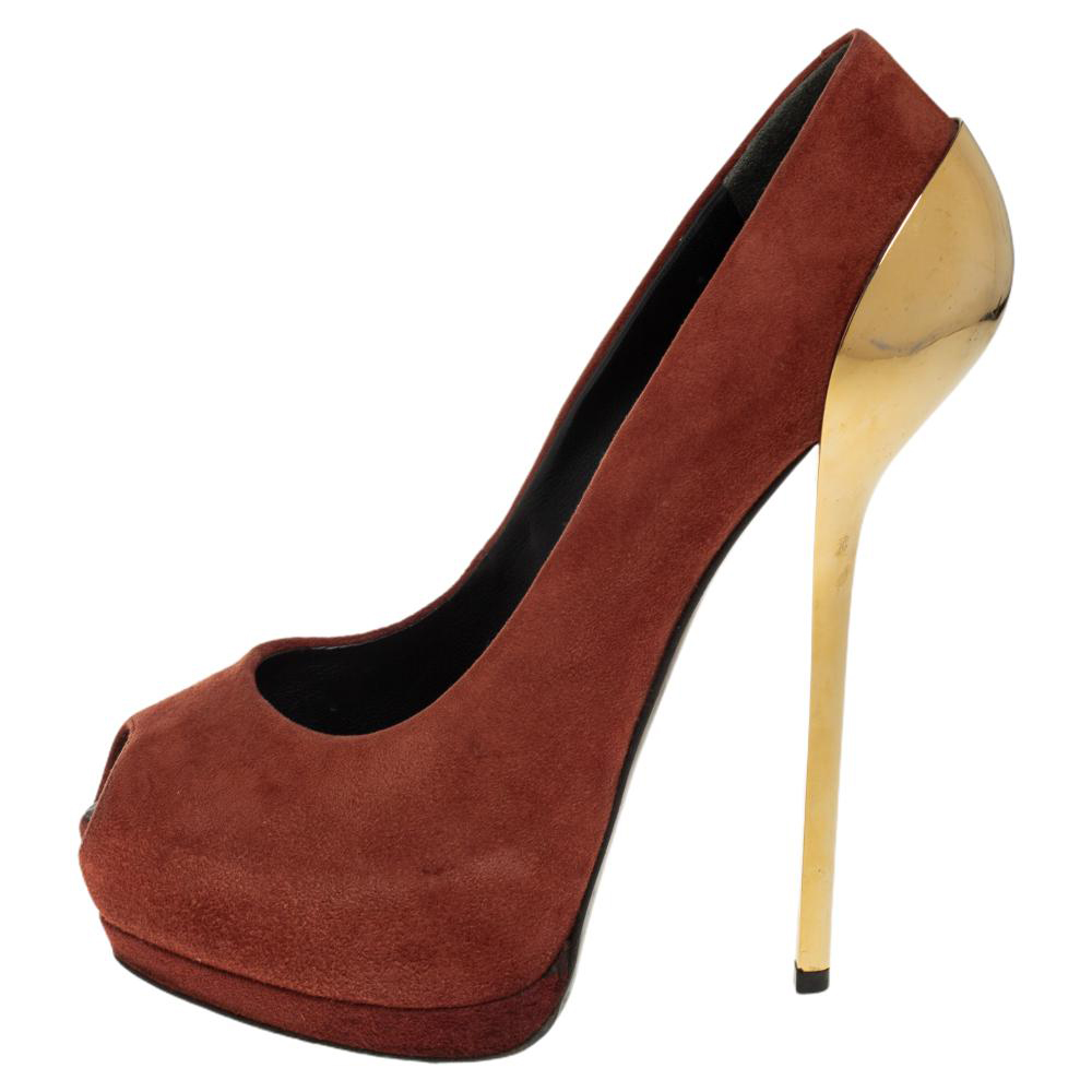 

Giuseppe Zanotti Brown Suede Peep Toe Platform Pumps Size