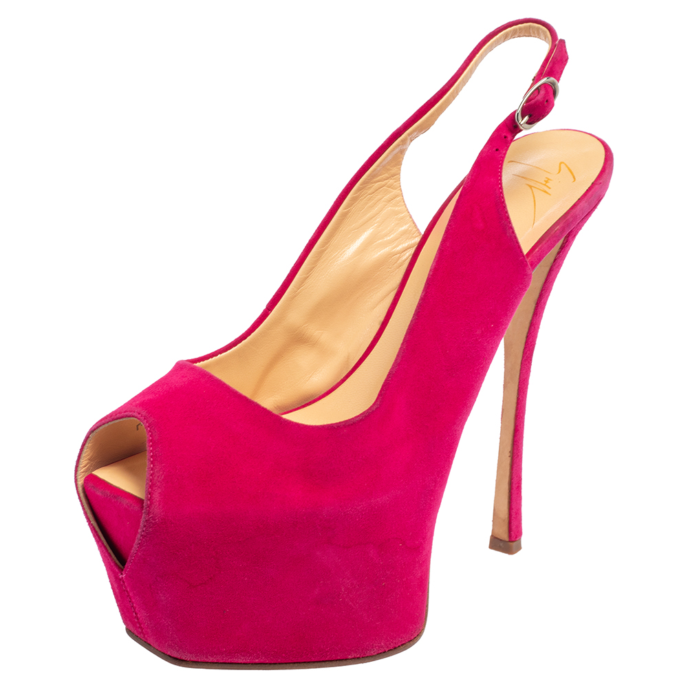 

Giuseppe Zanotti Pink Suede Peep Toe Slingback Platform Sandals Size