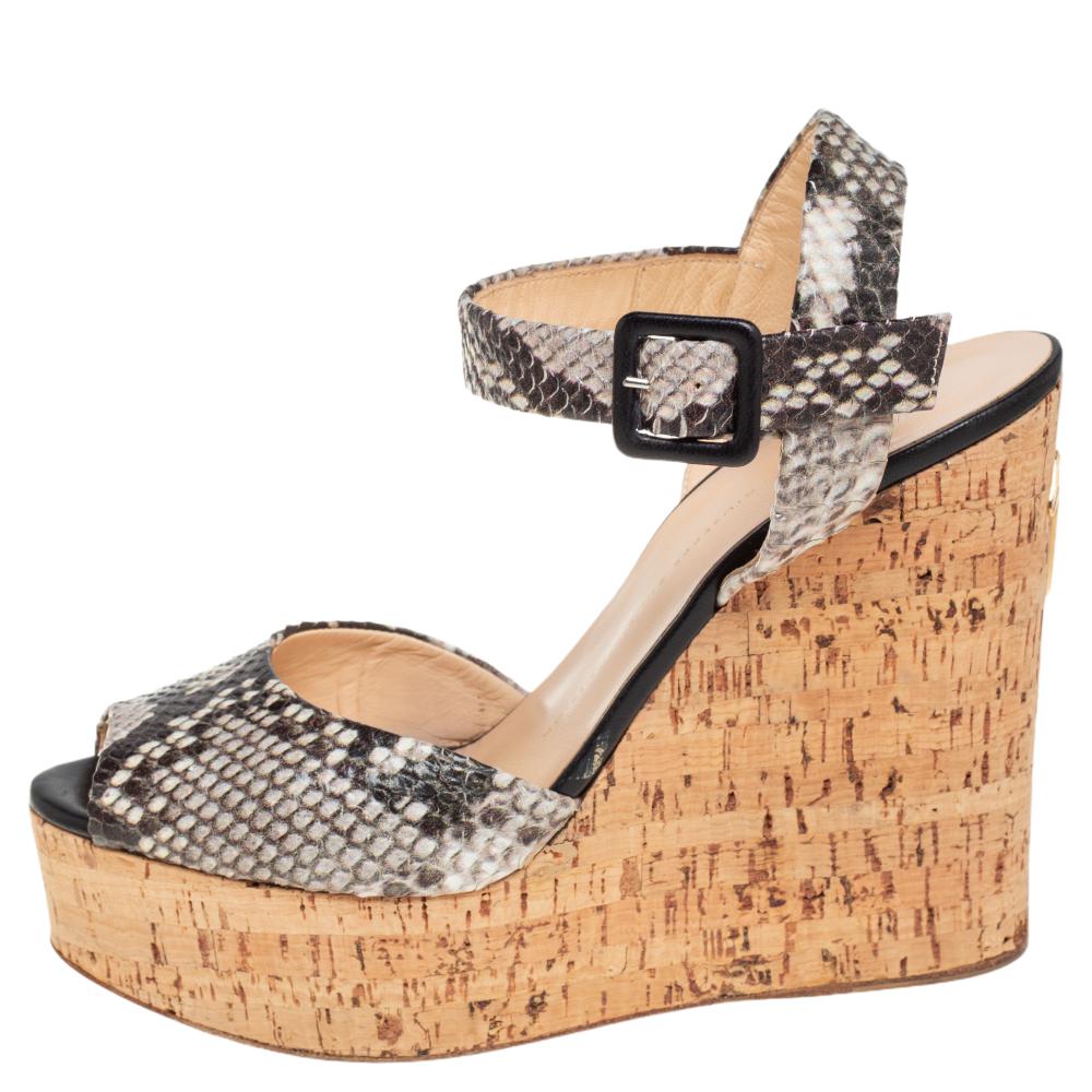 

Giuseppe Zanotti Two Tone Python Embossed Leather Cork Wedge Platform Ankle Strap Sandals Size, Brown