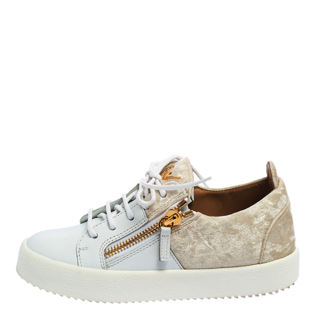 

Giuseppe Zanotti White/Cream Velvet And Leather Frankie Low Top Sneakers Size