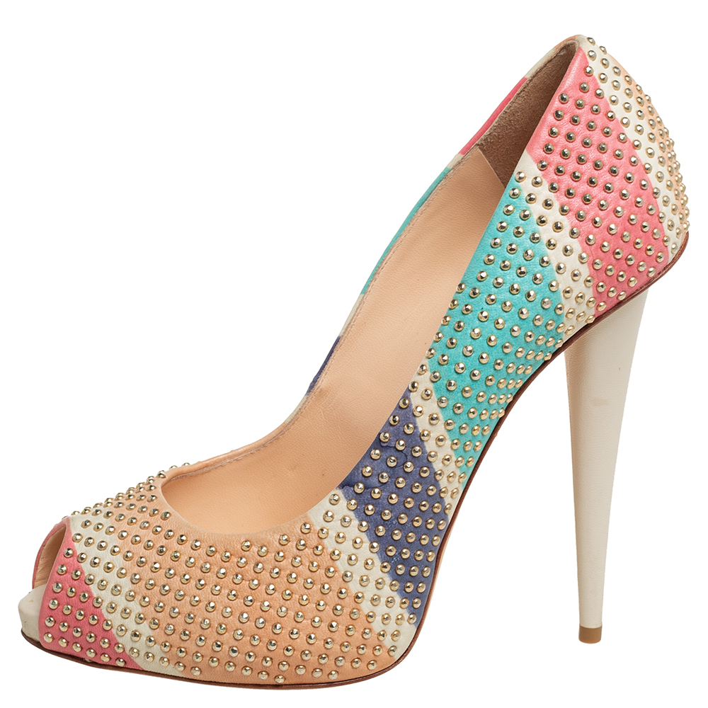 

Giuseppe Zanotti Multicolor Leather Embellished Peep Toe Pumps Size