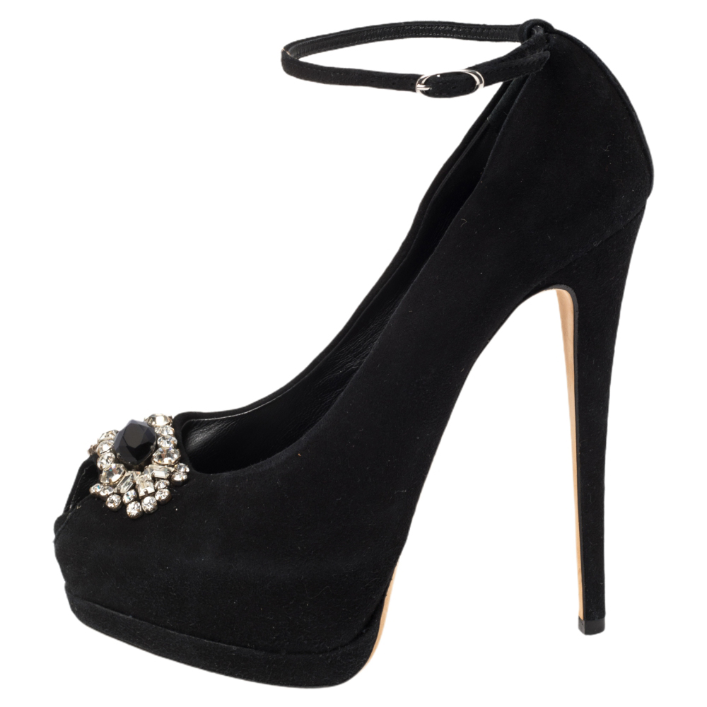 

Giuseppe Zanotti Black Suede Crystal Embellished Ankle Strap Peep Toe Platform Pumps Size