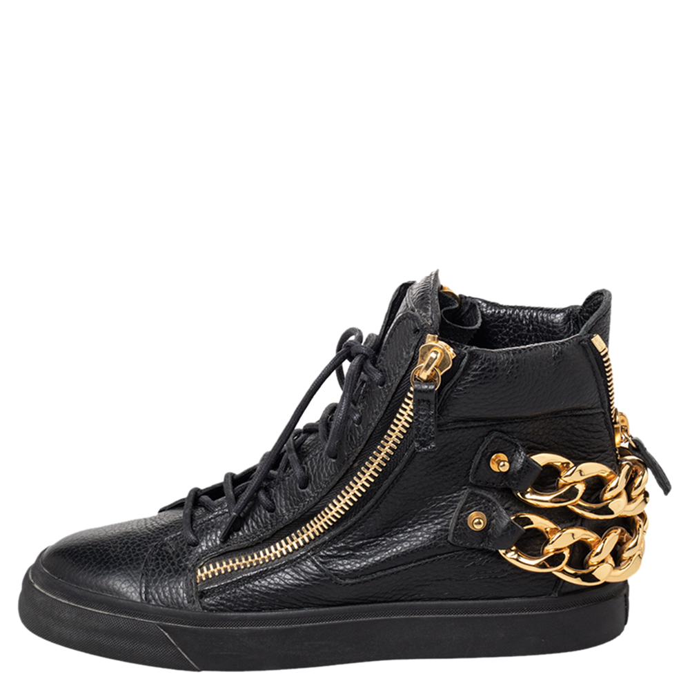 

Giuseppe Zanotti Black Leather Chain Embellished Low Top Sneakers Size