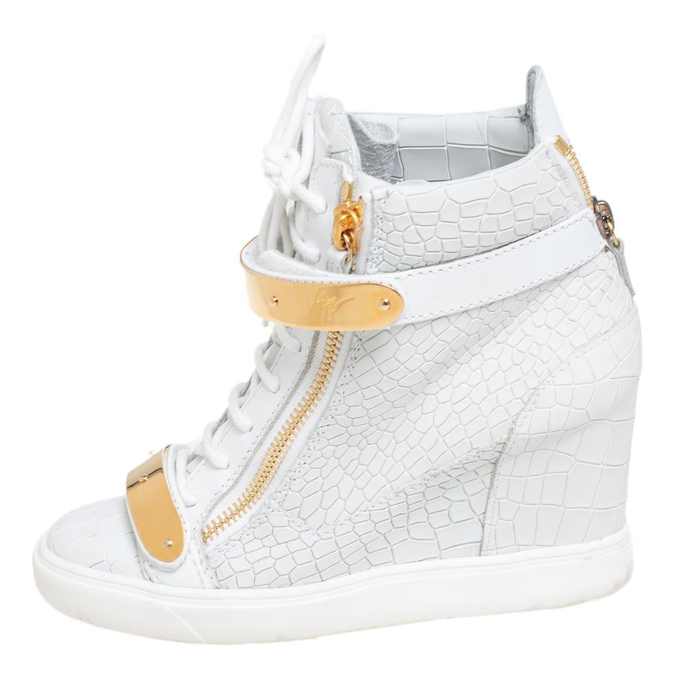 

Giuseppe Zanotti White Croc Embossed Leather Lorenz Wedge High Top Sneakers Size