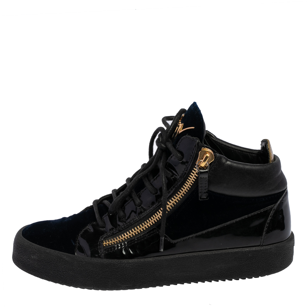 

Giuseppe Zanotti Black/Navy Blue Velvet and Patent Leather High Top Sneakers Size