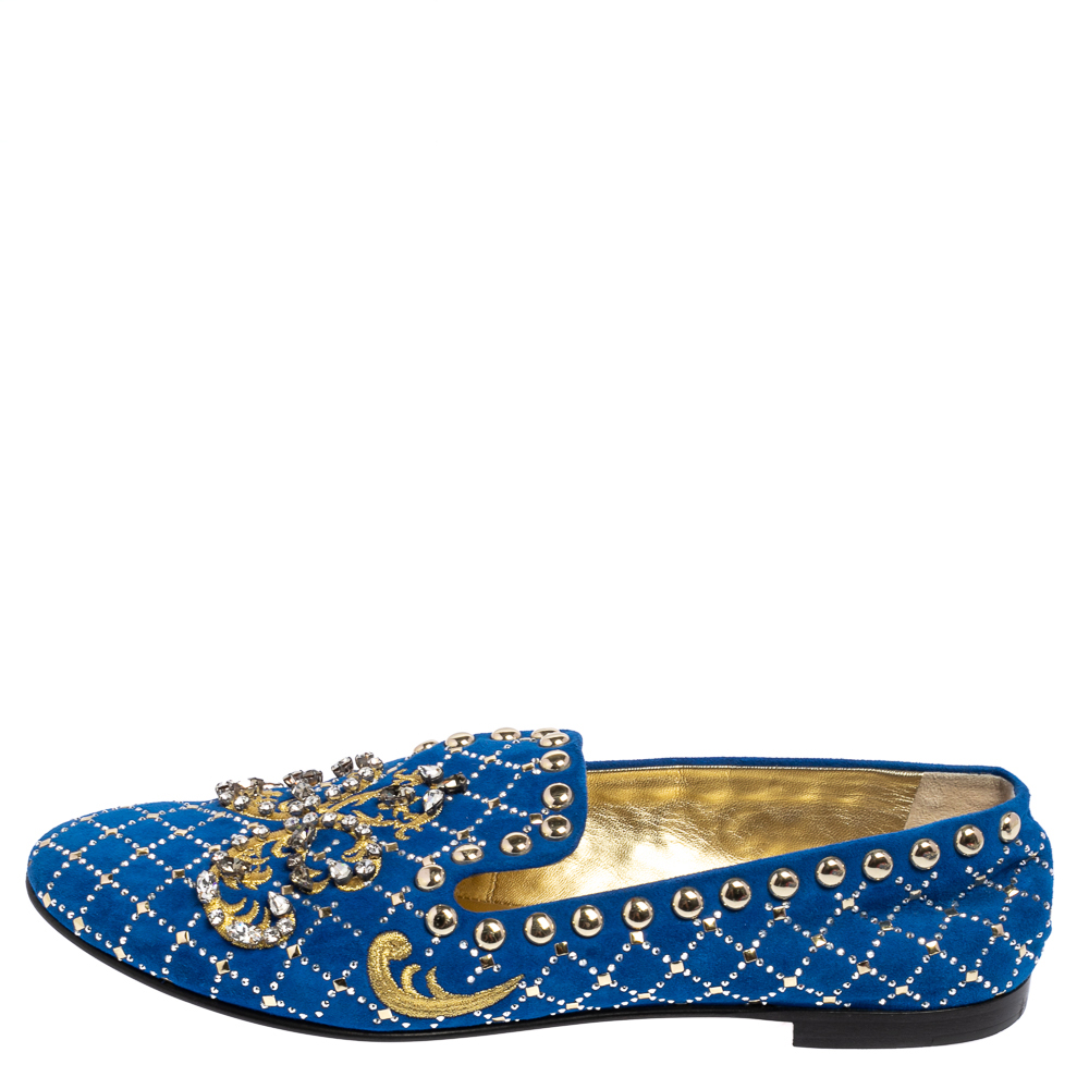 

Giuseppe Zanotti Blue Suede Studded Smoking Slippers Size