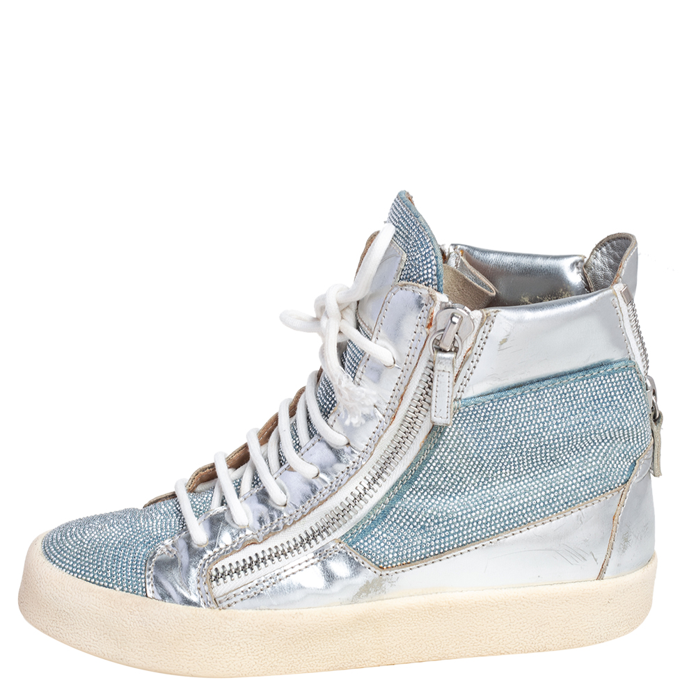 

Giuseppe Zanotti Blue/Silver Denim Justy Crystal Studded High Top Sneakers Size