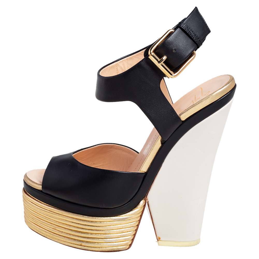

Giuseppe Zanotti Gold/Black Leather Peep Toe Platform Sandals Size