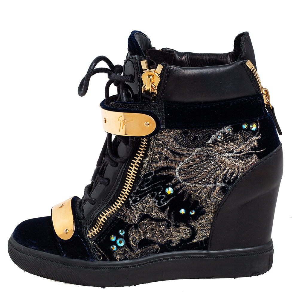 

Giuseppe Zanotti Black Leather and Velvet Embroidered Lorenz Wedge Sneakers Size