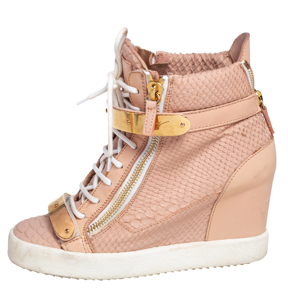 

Giuseppe Zanotti Pink Python Embossed Leather Lorenz Wedge Sneakers Size