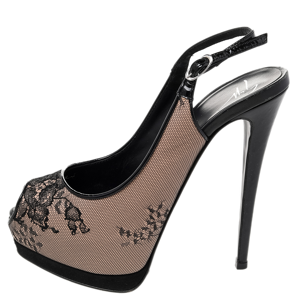 

Giuseppe Zanotti Black/Beige Floral Lace And Patent Leather Peep Toe Platform Slingback Sandals Size