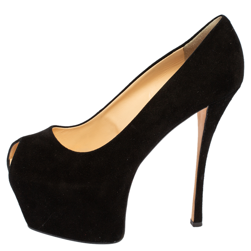 

Giusuppe Zanotti Black Suede Liza Peep Toe Platform Pumps Size