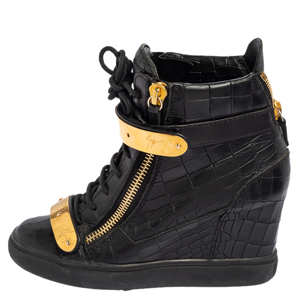 

Giuseppe Zanotti Black Croc Embossed Leather Lorenz Wedge Sneakers Size