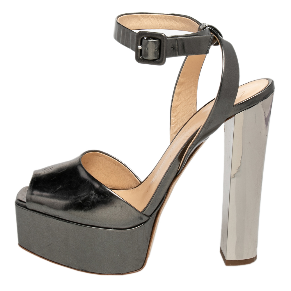 

Giuseppe Zanotti Metallic Grey Leather Betty Peep Toe Platform Sandals Size