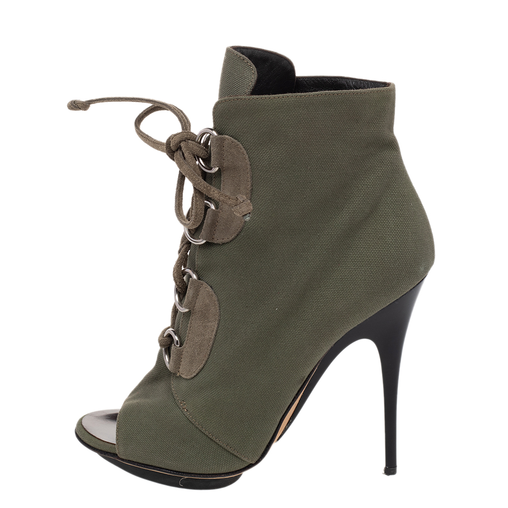 

Giuseppe Zanotti Green Canvas And Suede Lace Up Peep Toe Booties Size