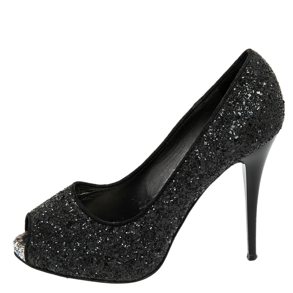 

Giuseppe Zanotti Black Glitter Sharon Peep Toe Pumps Size