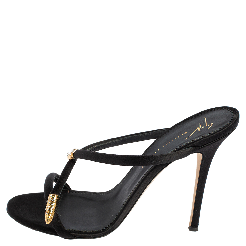 

Giuseppe Zanotti Black Satin Aleesha Snake Detail Sandals Size