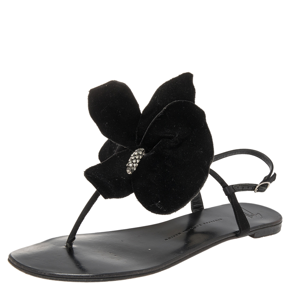 Pre Owned Giuseppe Zanotti Black Satin and Velvet Flower Thong Flats Size 42