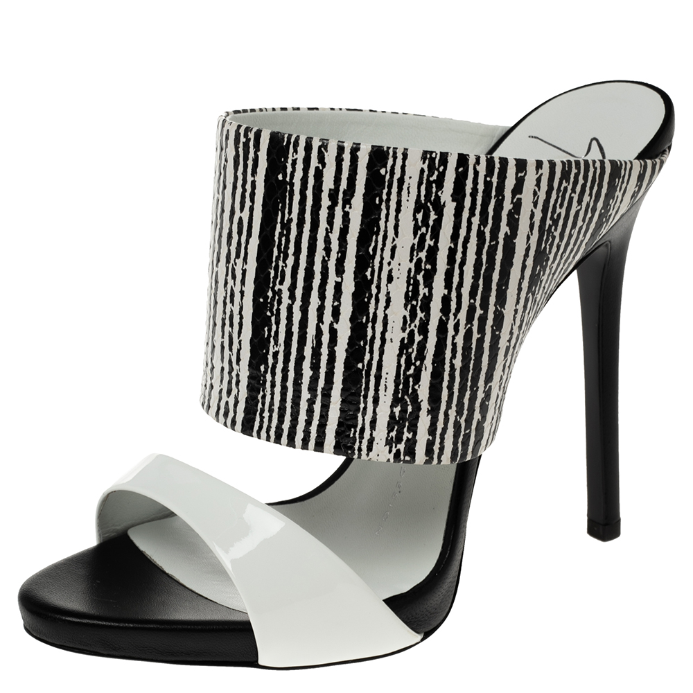 Pre-owned Giuseppe Zanotti Black/white Patent And Snakeskin Embossed Leather Andrea Sandals Size | ModeSens