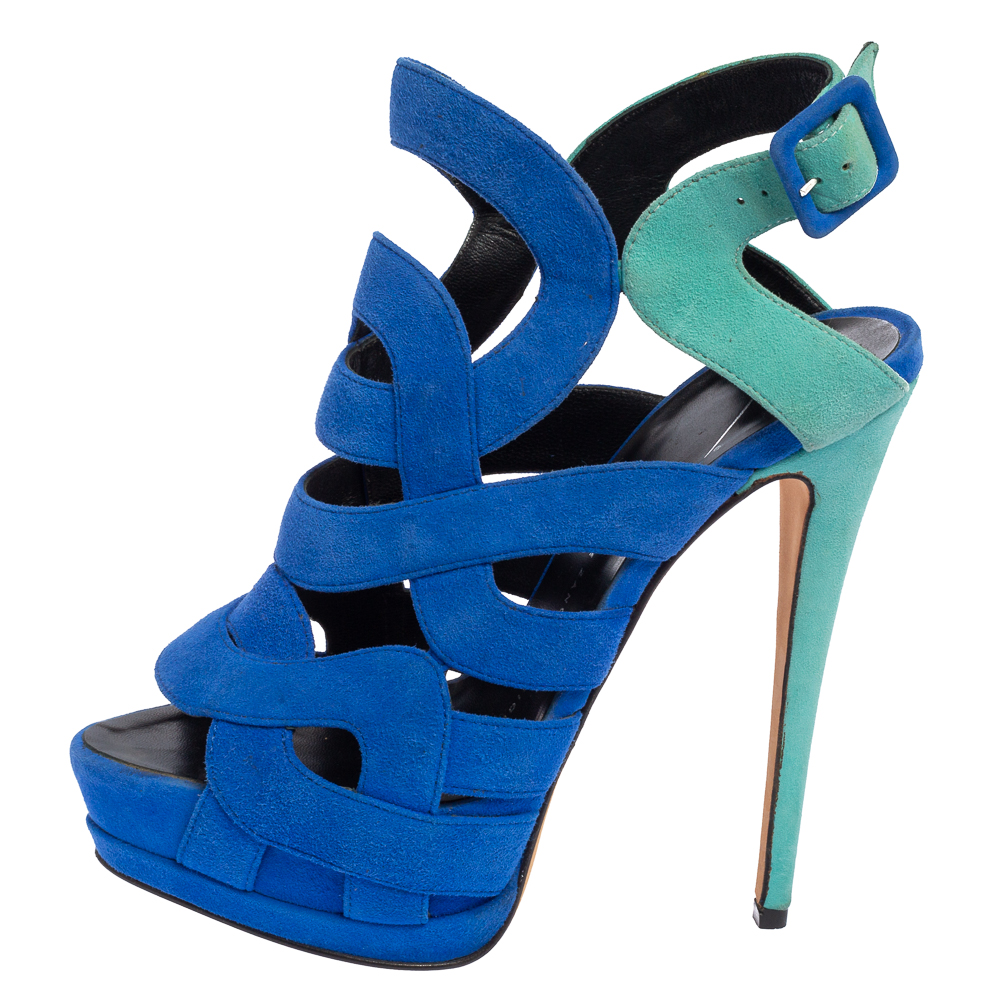 

Giuseppe Zanotti Blue Suede Cutout Caged Slingback Sandals Size