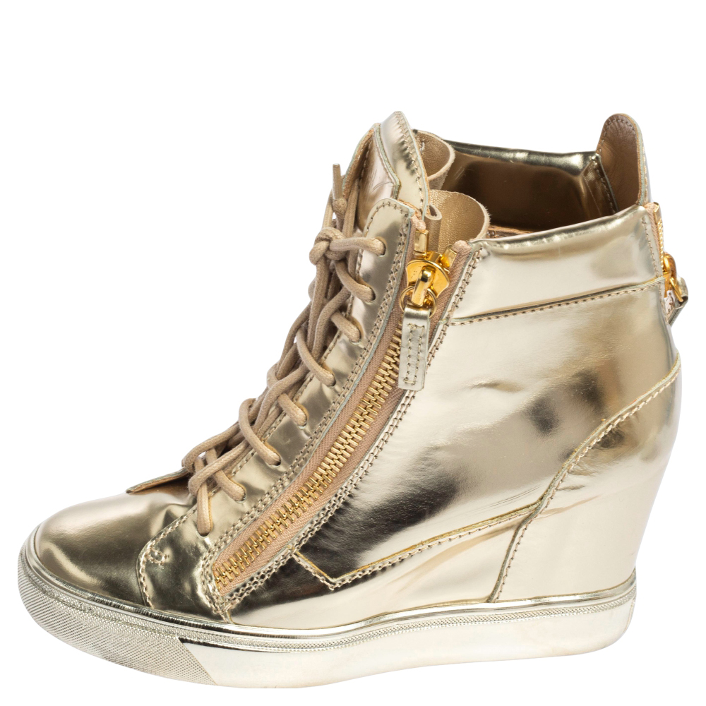 

Giuseppe Zanotti Rose Gold Leather High Top Wedge Sneakers