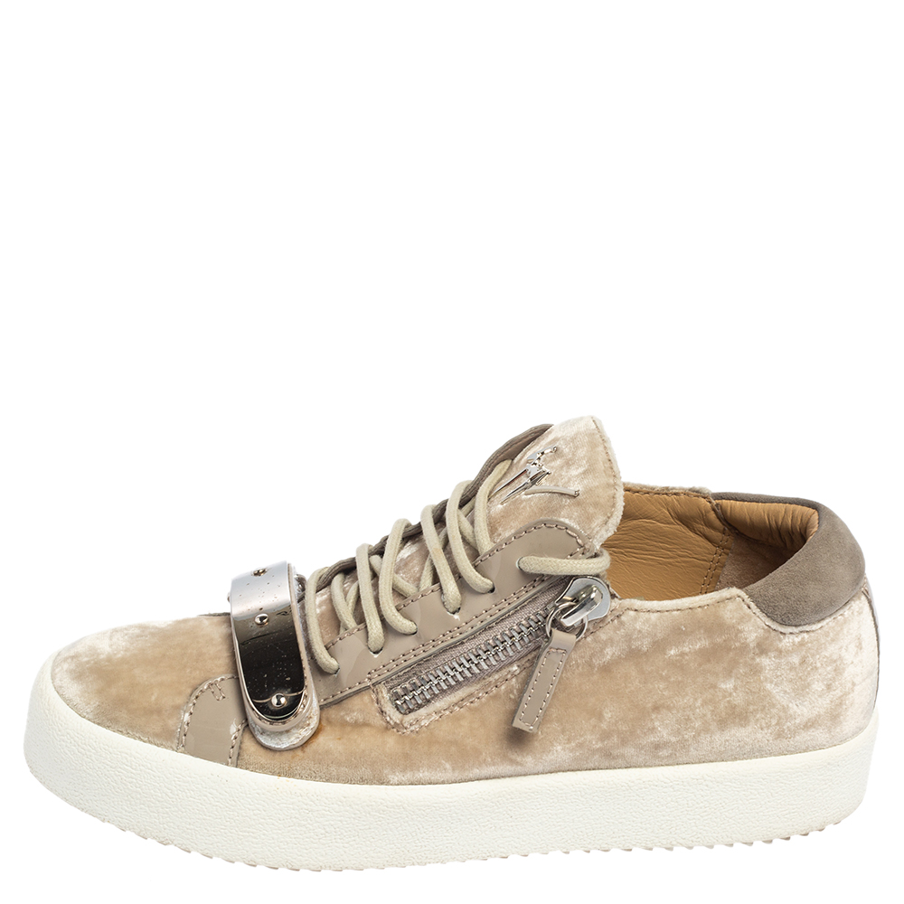 

Giuseppe Zanotti Beige Velvet and Patent Leather Frankie Strap Sneakers Size