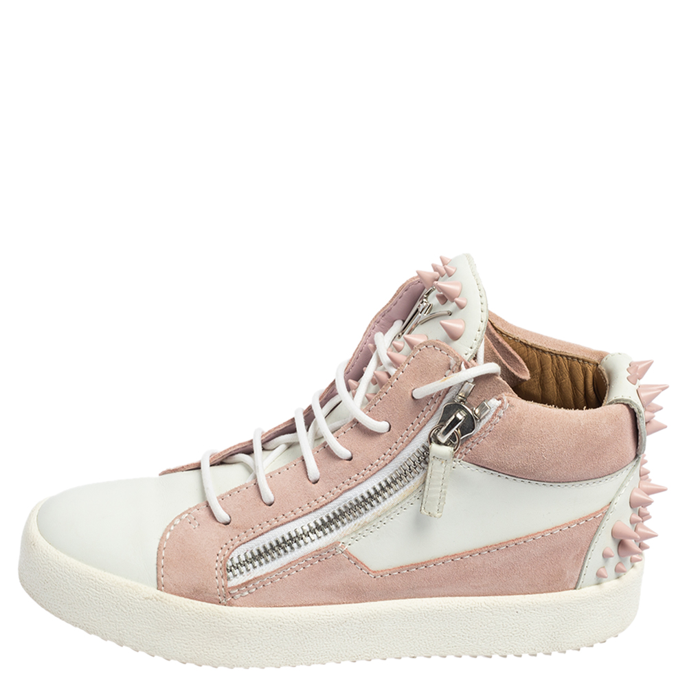 

Giuseppe Zanotti Pink/White Leather and Suede London Low Top Sneakers Size