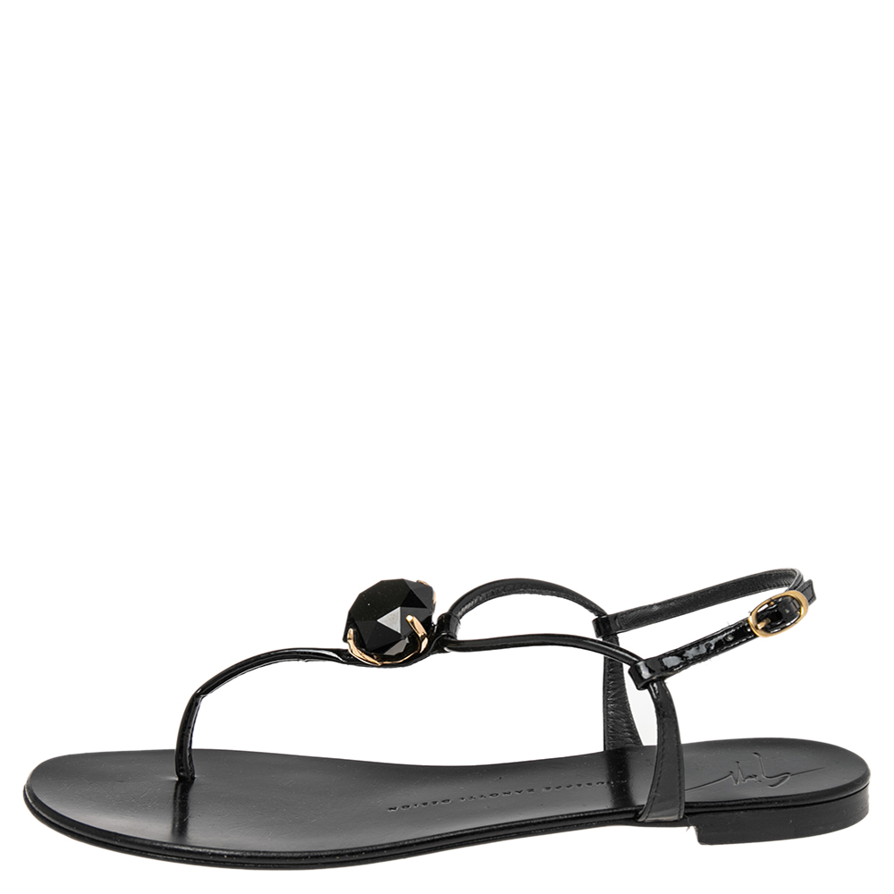 

Giuseppe Zanotti Black Patent Leather Jewel Embellished T Strap Flat Sandals Size