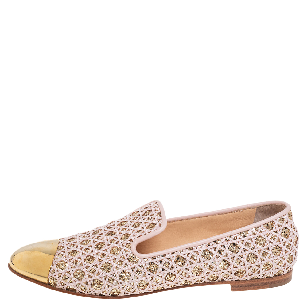 

Giuseppe Zanotti Pink/Gold Glitter and Fabric Metal Cap Toe Flats Size