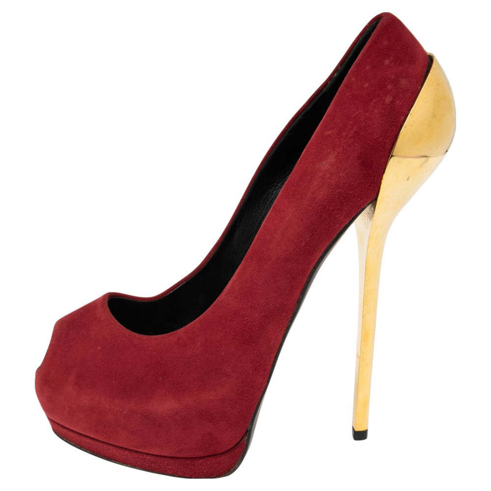 

Giuseppe Zanotti Burgundy Suede Peep Toe Platform Pumps Size