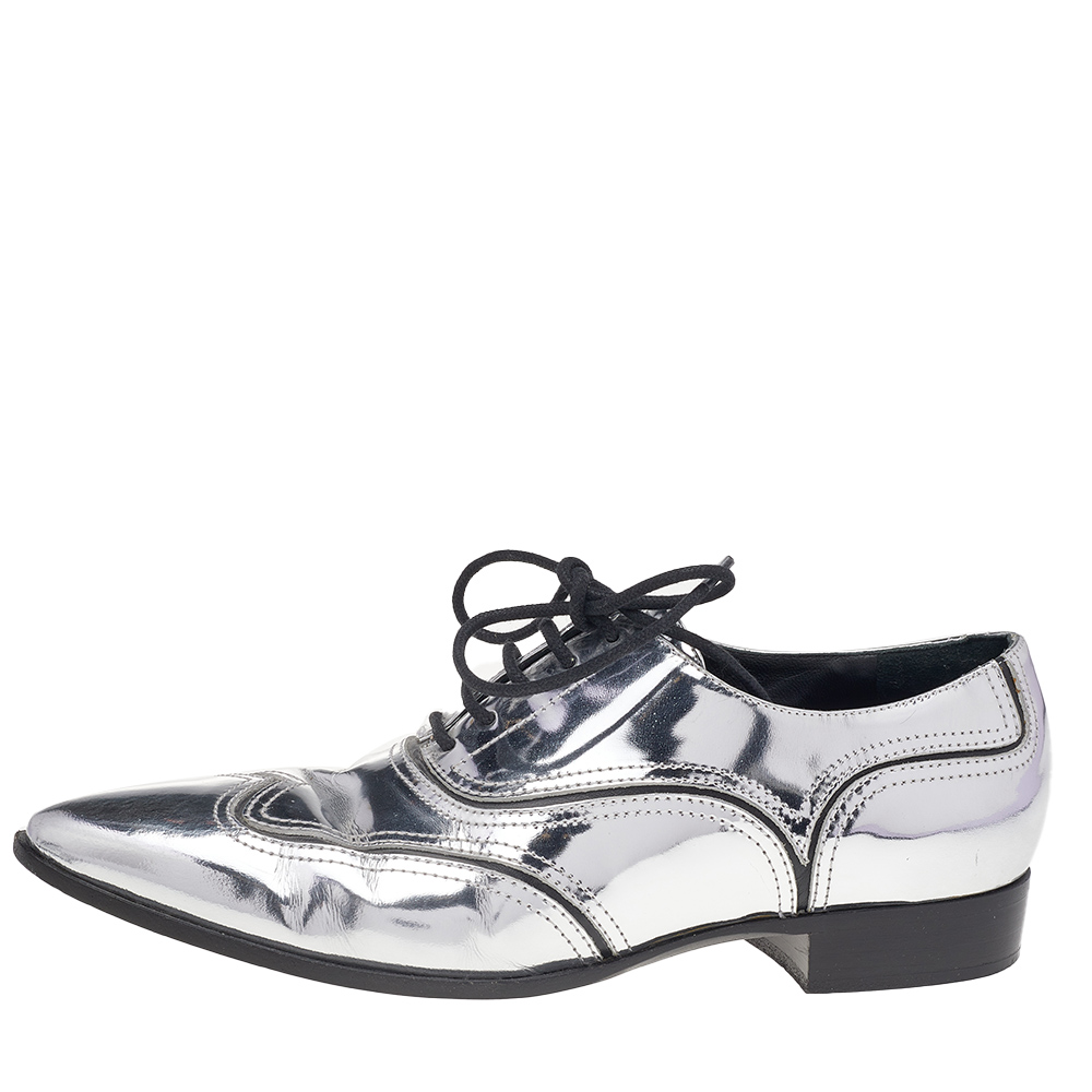 

Giuseppe Zanotti Metallic Silver Patent Leather Lace Up Oxfords Size