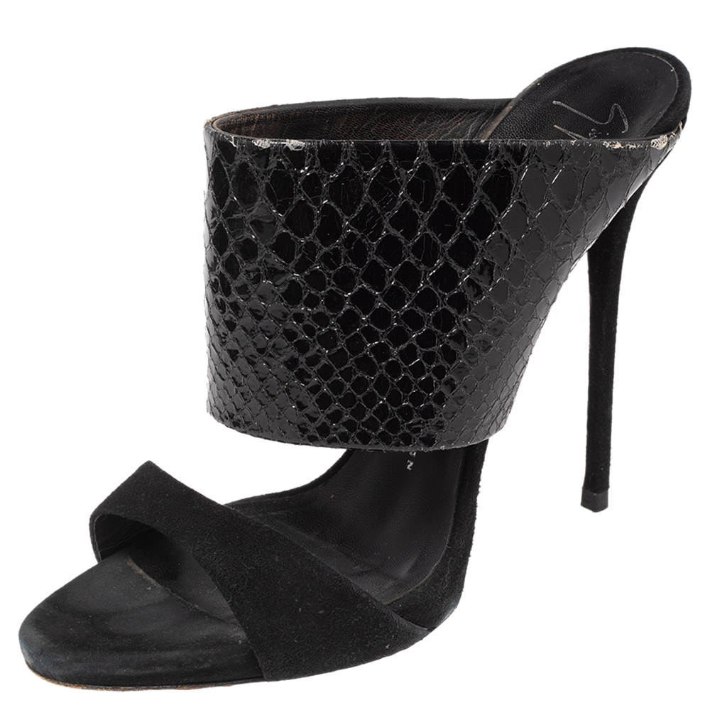 

Giuseppe Zanotti Black Python Embossed Leather and Suede Beverly Open Toe Sandals Size