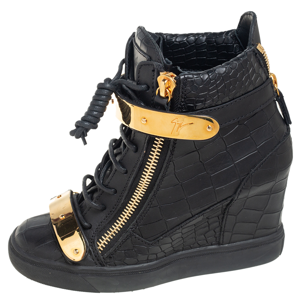 

Giuseppe Zanotti Black Croc Embossed Leather Wedge Sneakers Size