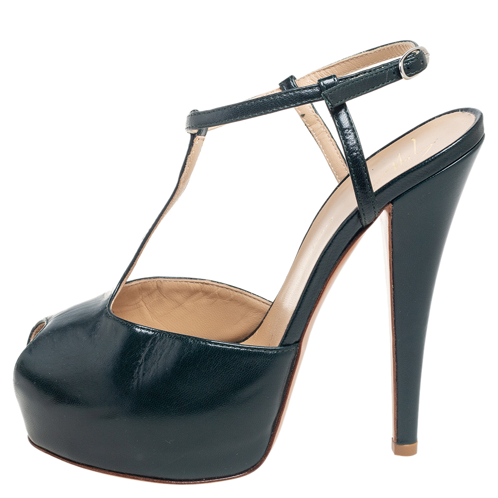 

Giuseppe Zanotti Green Leather T-Strap Platform Peep Toe Sandals Size