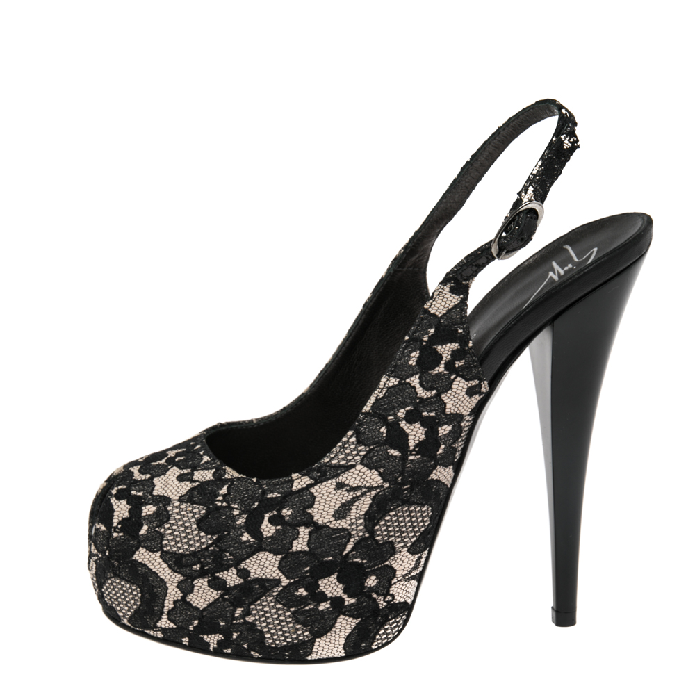 

Guiseppe Zannotti Black.Beige Lace and Leather Peep Toe Platform Sandals Size