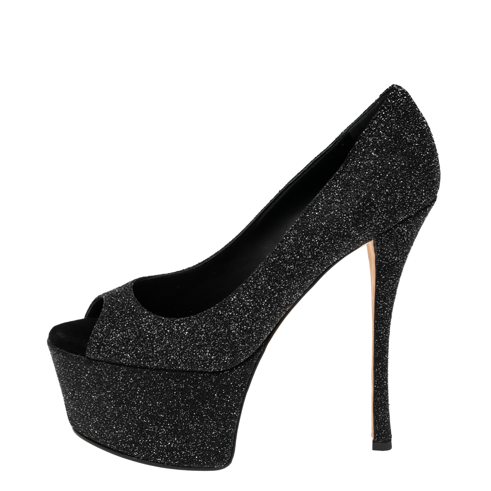 

Giuseppe Zanotti Black Glitter Peep Toe Platform Pumps Size